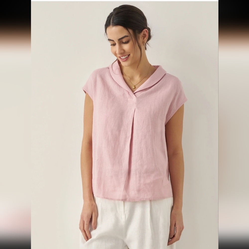 Lintico 100% Linen Shawl V-Neck Cap Sleeves Top ELARA